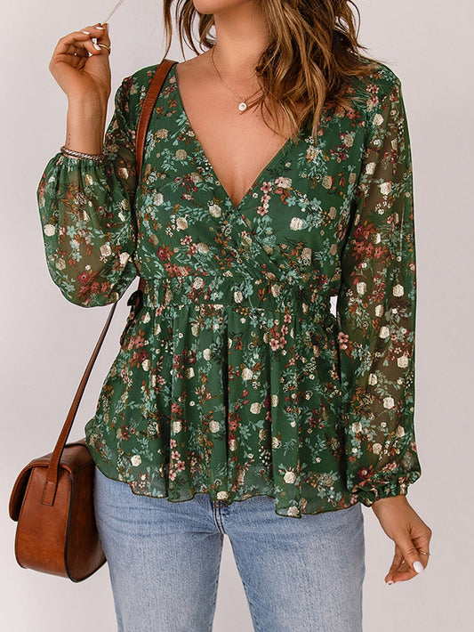Green Ditsy Floral Peplum Blouse with V-Neck and Long Sleeves