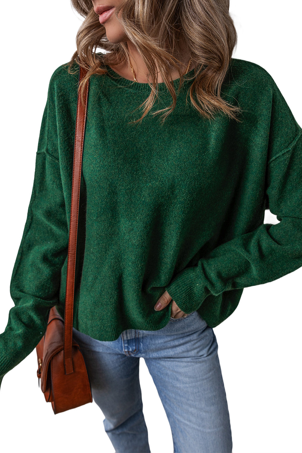 Blackish Green Plain Drop Sleeve Crew Neck Loose Sweater