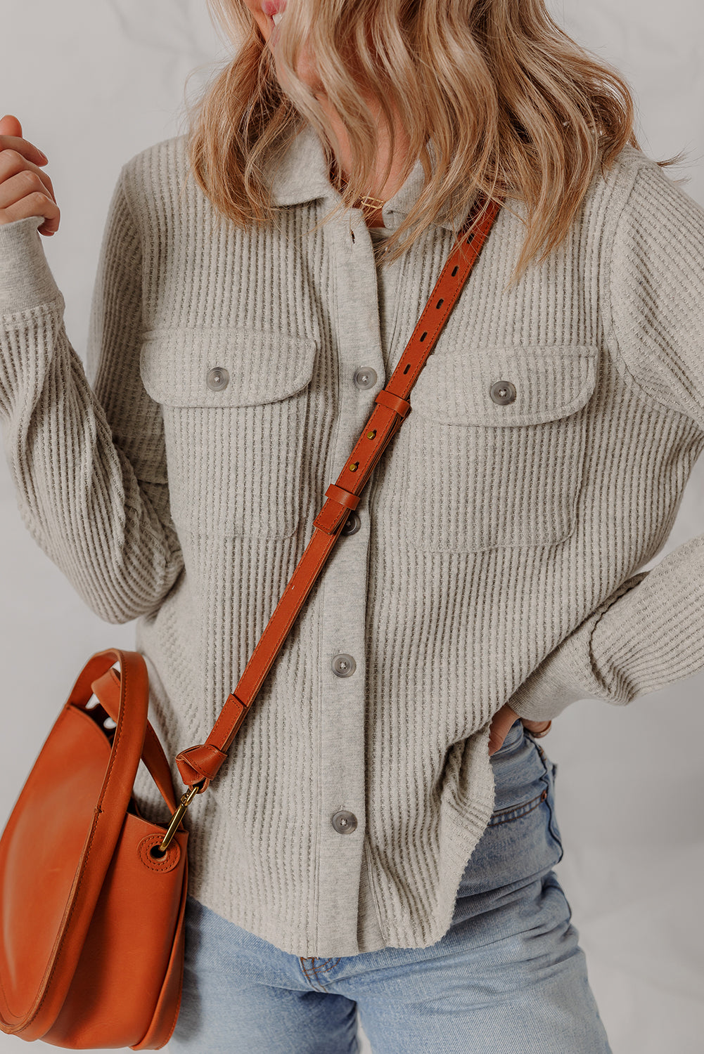 Light Grey Waffle Textured Chest Pocket Chic Shacket