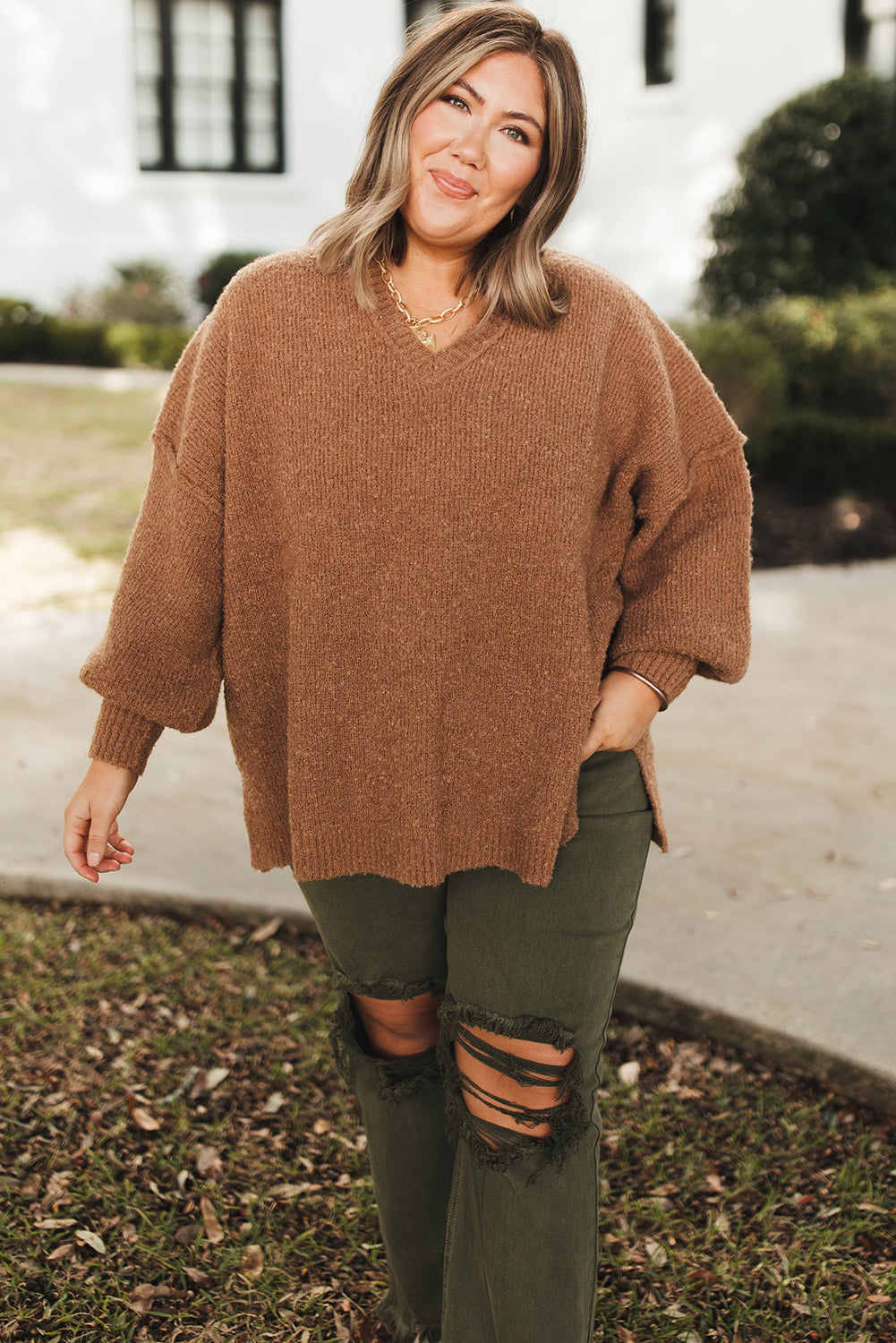 Chestnut Plus Size V Neck Drop Shoulder Knit Side Slit Loose Sweater