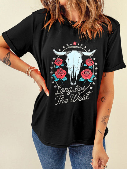 Floral Long Live The West Black Steer Head Graphic T-Shirt