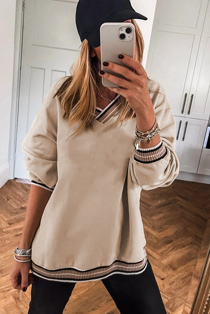 Parchment Varsity Contrast Striped Trim V Neck Sweatshirt