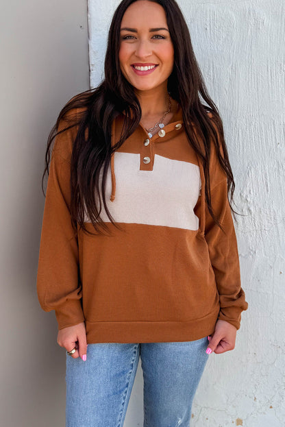 Chestnut Color Block Ribbed Knit Button Neck Drop Shoulder Hoodie