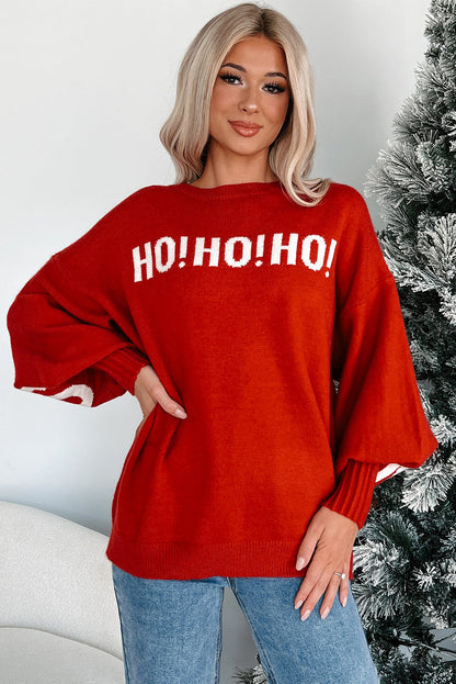 Fiery Red MERRY CHRISTMAS HO HO HO Drop Shoulder Loose Sweater