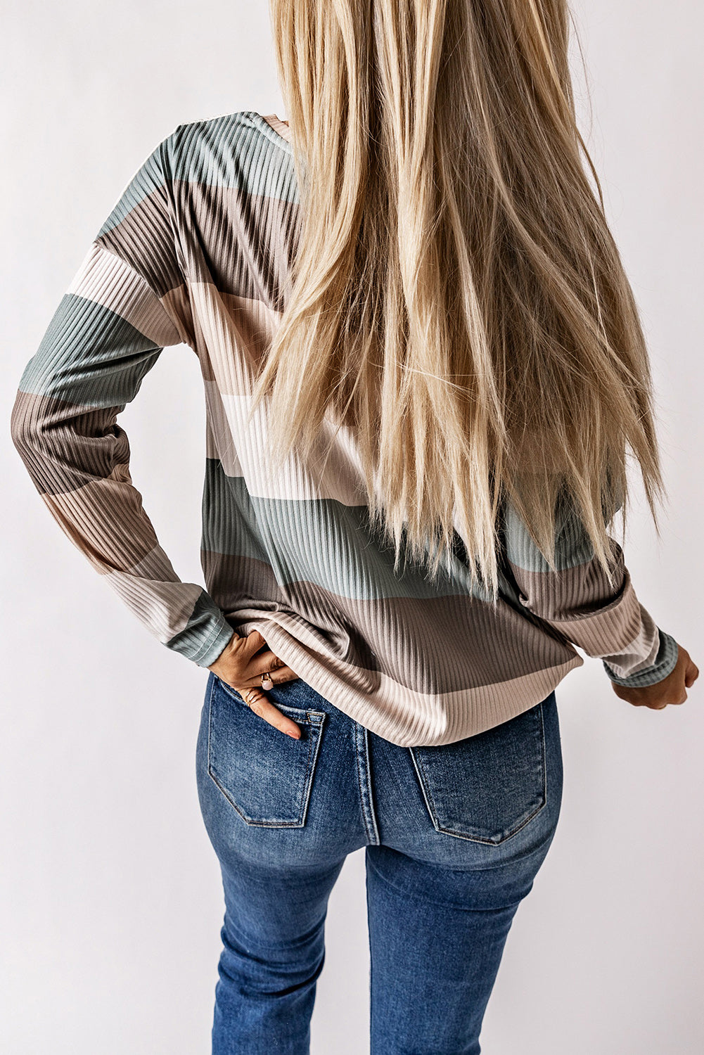 Green Striped Ribbed Long Sleeve Top with Chest Pocket