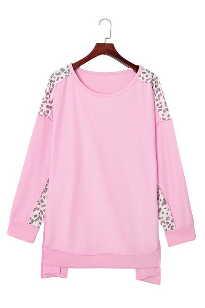 Pink Leopard Patchwork Plus Size Sweatshirt with Exposed Seams