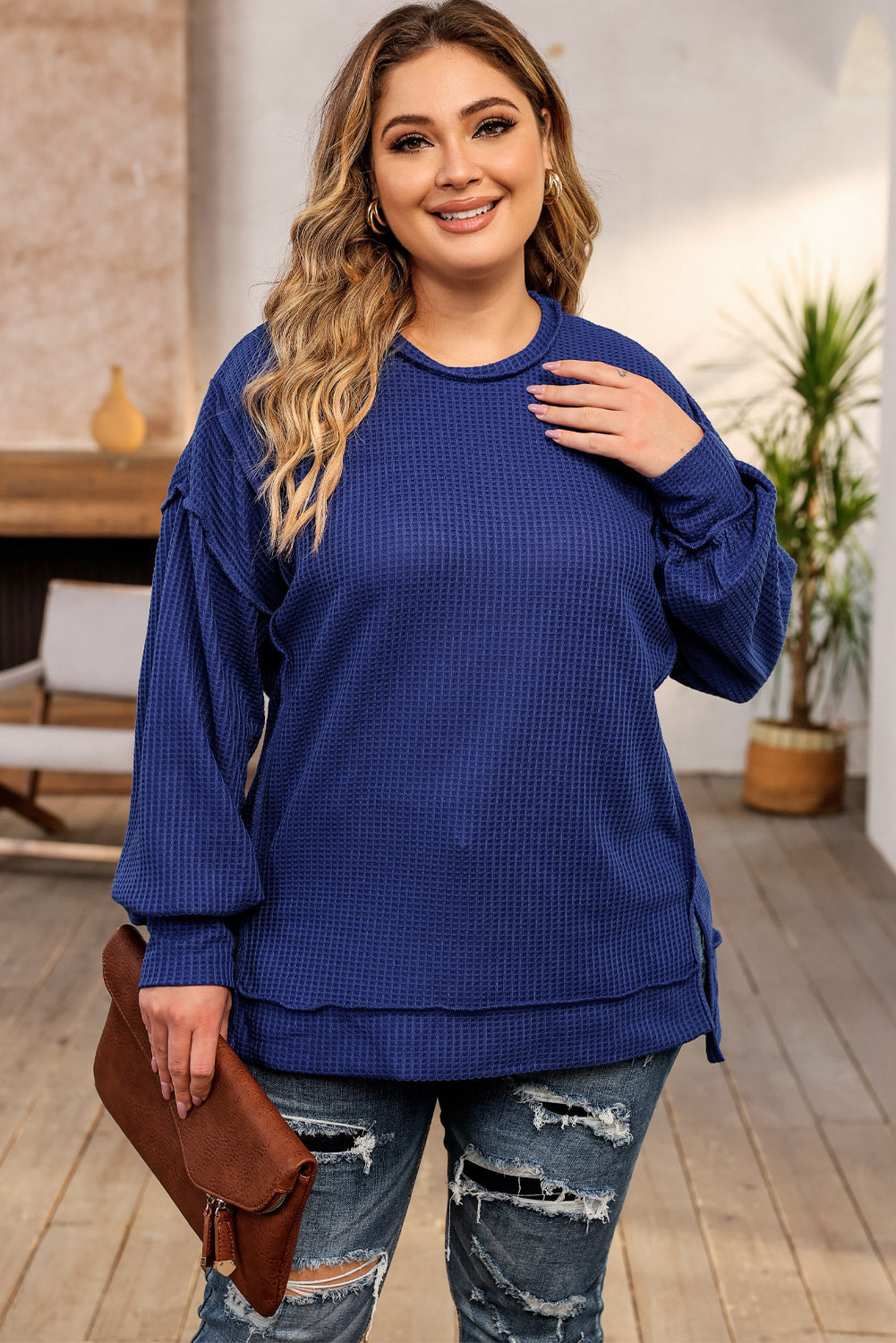 Blue Cozy Waffle Knit Shift Top
