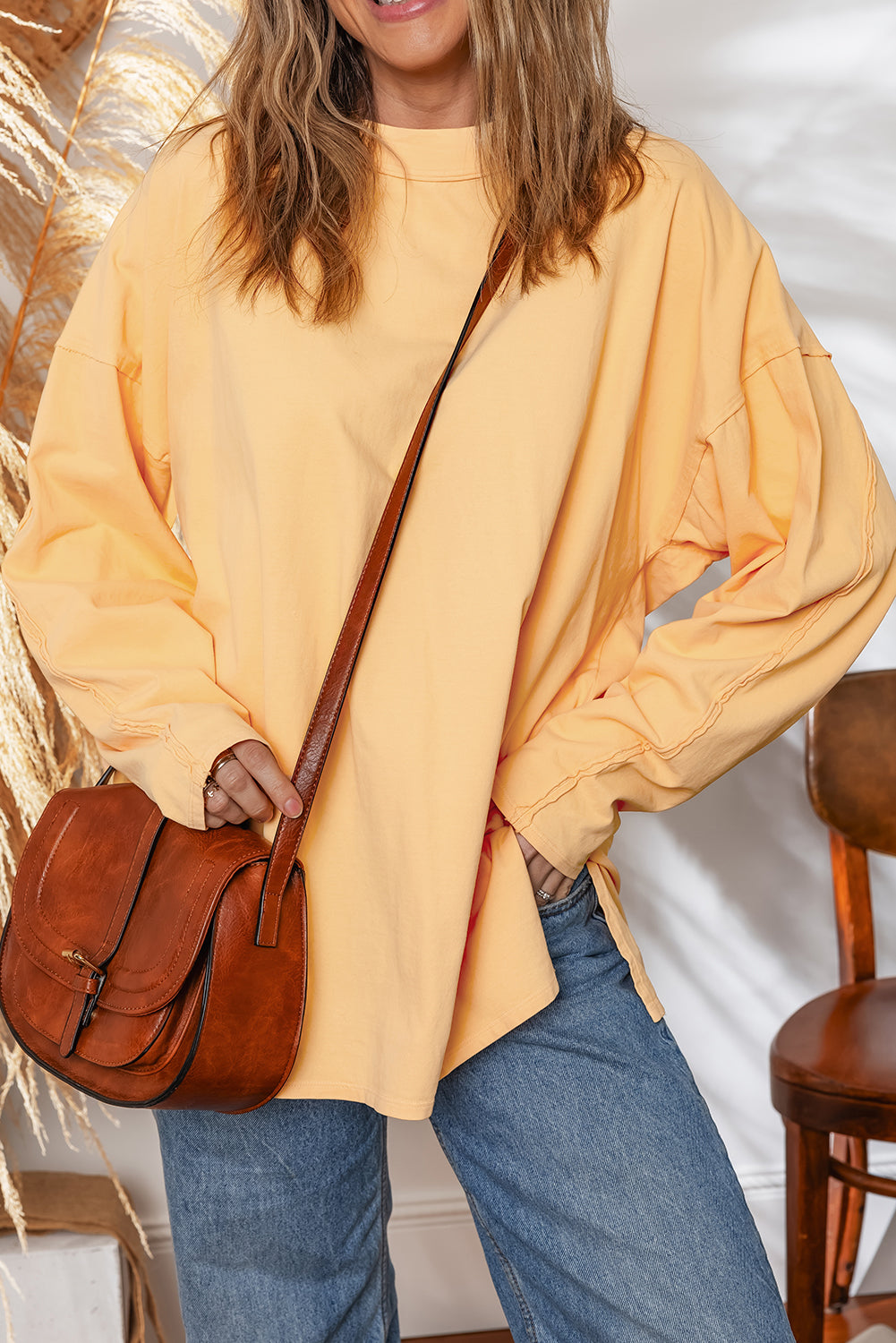 Yellow Cream Exposed Seam Patchwork Drop Shoulder Tunic Top with Slits