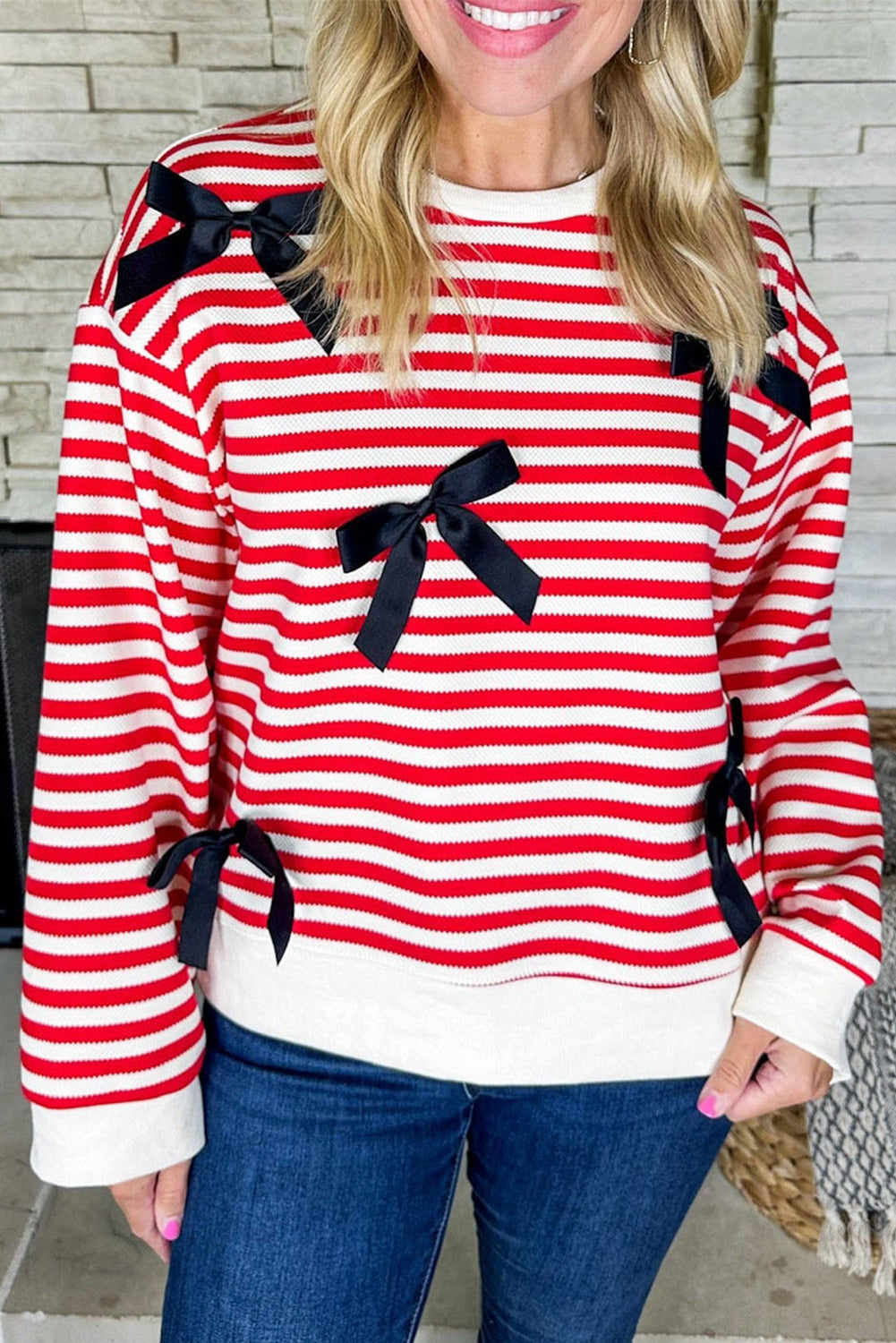 Red Stripe Satin Ribbon Bow Detail Drop Shoulder Sweatshirt