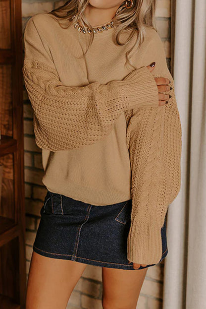 Camel Cable Knit Textured Patchwork Sleeve Slouchy Sweater