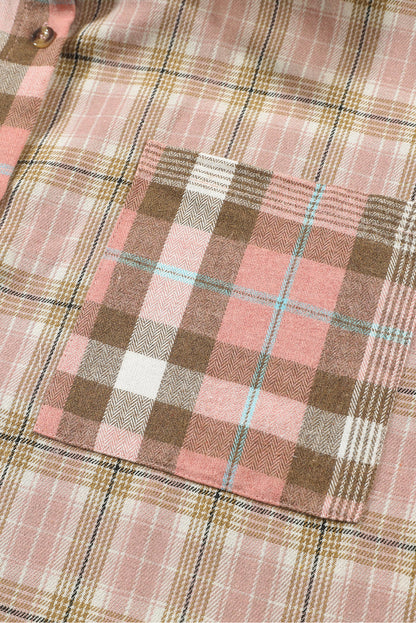 Pink Plaid Pocketed Plus Size Shirt With Long Sleeves