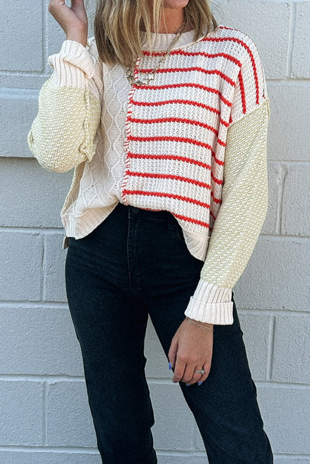Red Stripe Mix Texture Patchwork Drop Shoulder Knit Loose Sweater