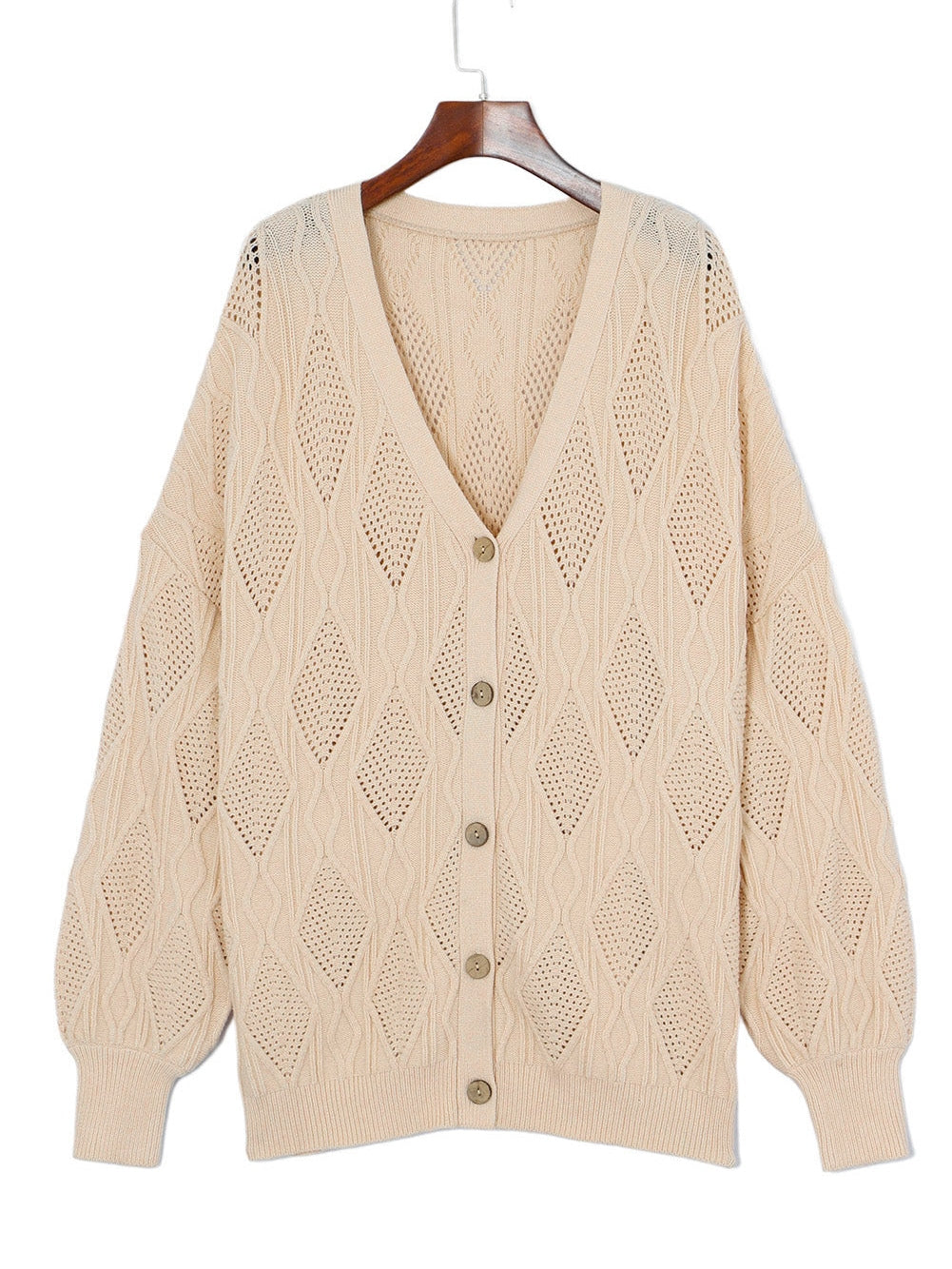 Elegant Apricot V-Neck Oversized Knit Cardigan with Button Detail