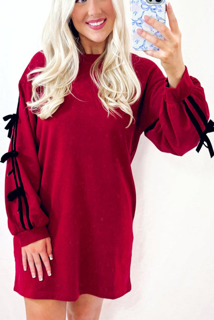 Racing Red Contrast Striped Bow Detail Drop Shoulder Tunic T Shirt Dress