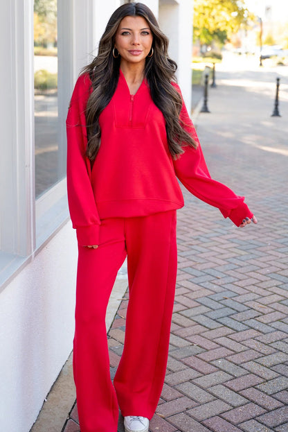 Fiery Red Quarter Zipped Pullover and Drawstring Sweatpants Set