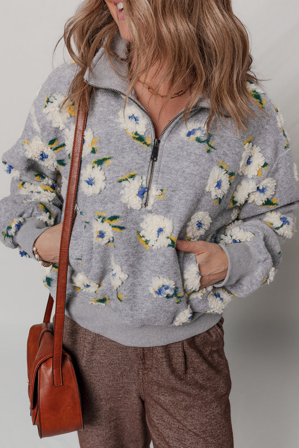 Sleet Plush Flower Pattern Zip Collar Loose Pullover Sweatshirt