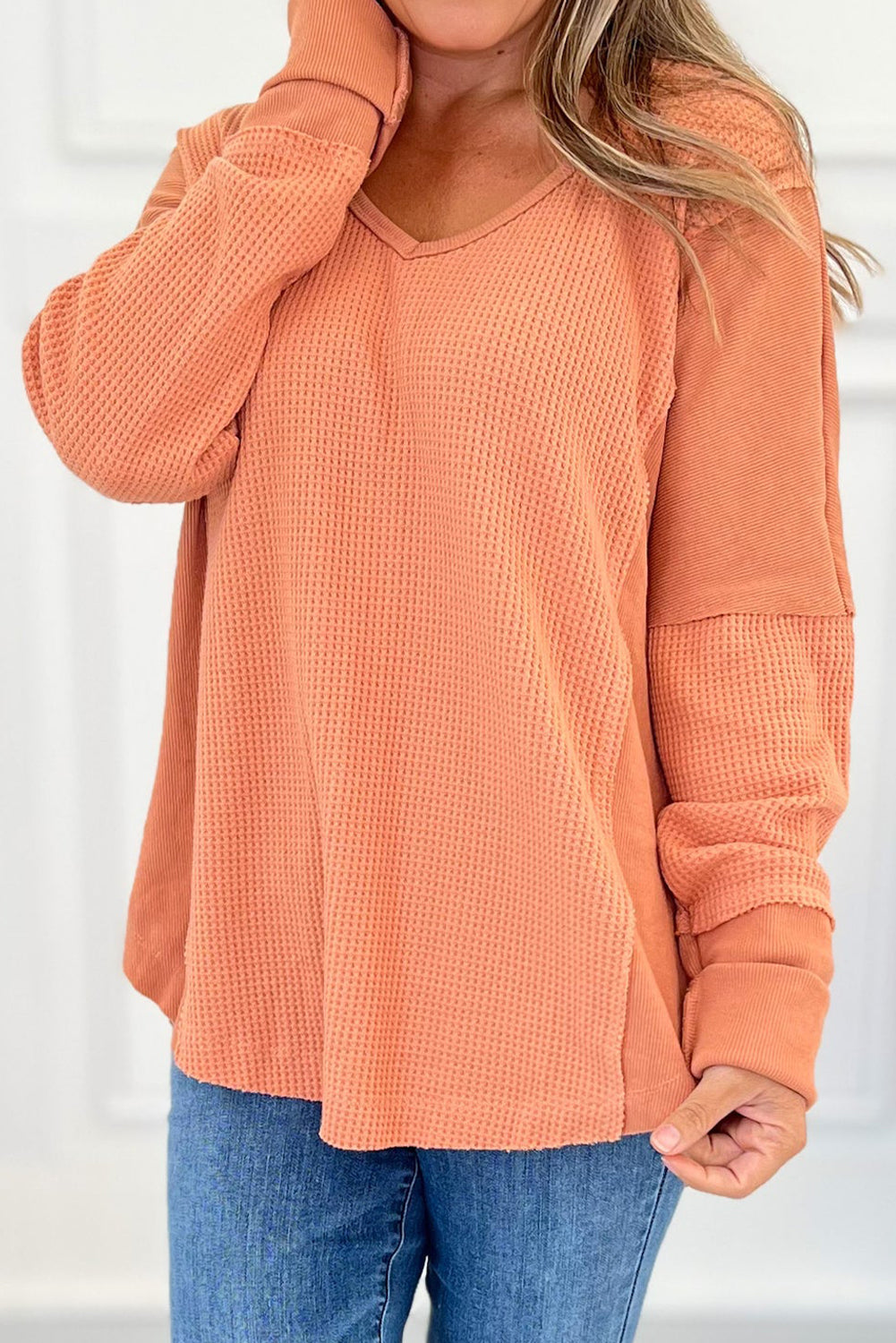 Grapefruit Orange Waffle Knit Patchwork Loose Casual Top