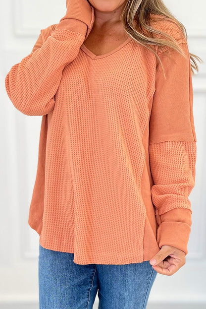 Grapefruit Orange Waffle Knit Patchwork Loose Casual Top