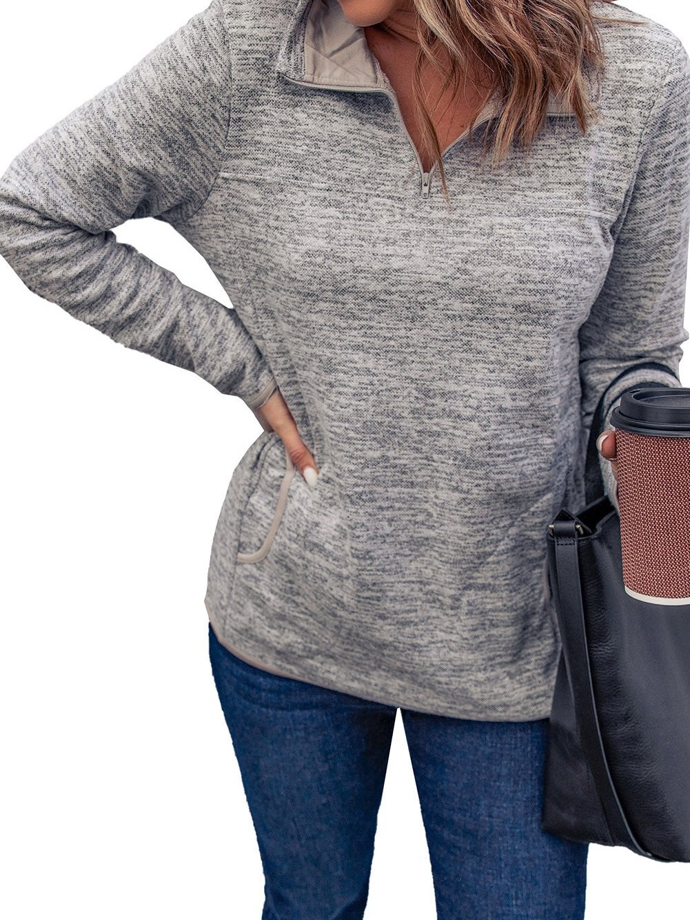 Heathered Gray Zip-Up Pullover with Kangaroo Pocket
