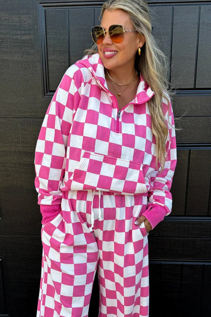 Red Checkered Print Half Zip Hoodie