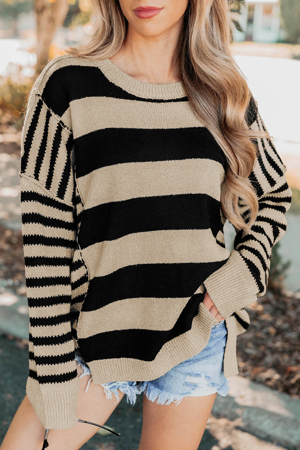 Black Stripe Exposed Seam Drop Shoulder Sleeve Contrast Patchwork Baggy Sweater