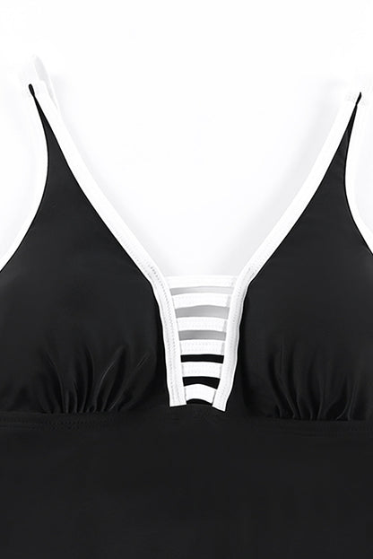 Strappy Black V Neck Swimdress with Side Slit