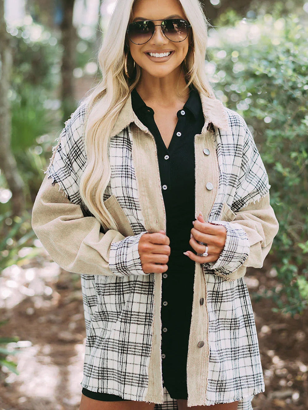 Khaki Plaid Patchwork Denim Shacket - Distressed Edges