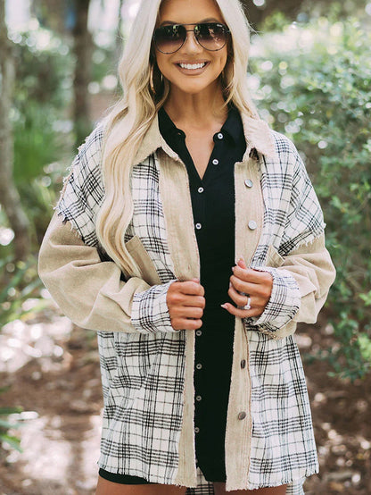 Khaki Plaid Patchwork Denim Shacket - Distressed Edges