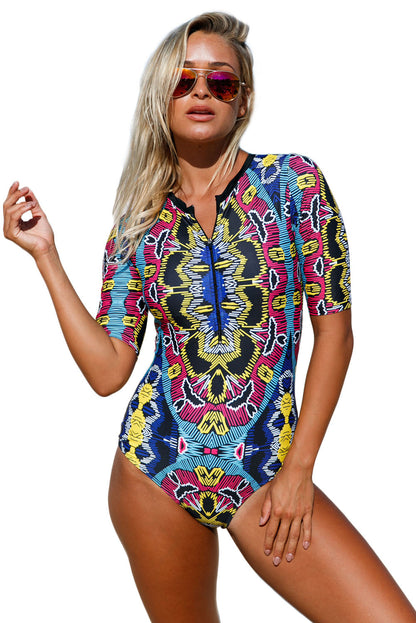 Floral Print Half Sleeve Zip Front Swimsuit