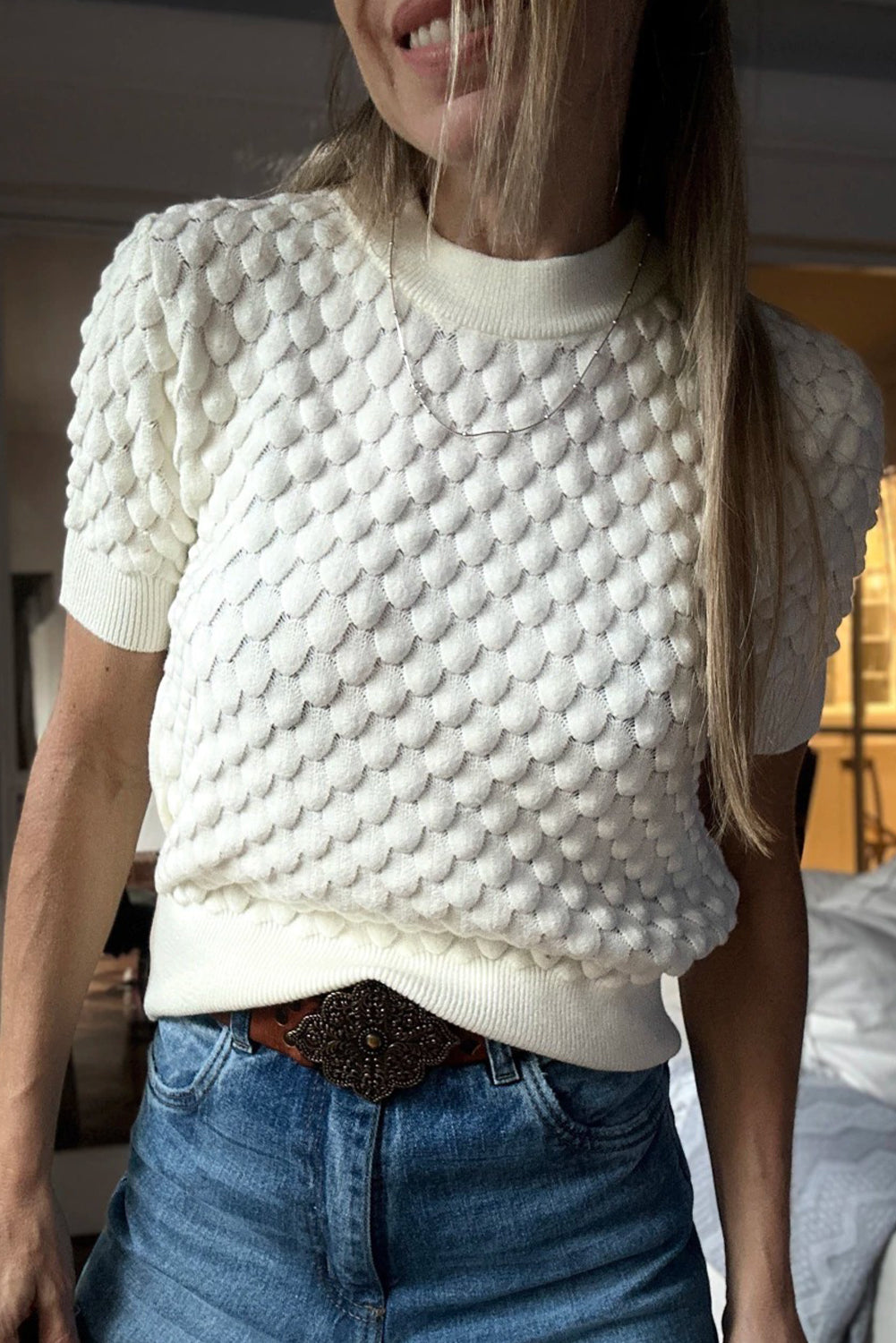 White Fish Scale Textured Knit Ribbed High Neck Short Sleeve Sweater