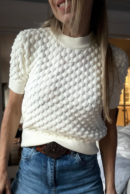 White Fish Scale Textured Knit Ribbed High Neck Short Sleeve Sweater