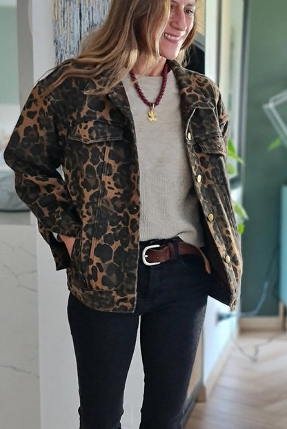 Khaki Retro Leopard Print Double Flap Pocket Button Down Denim Jacket