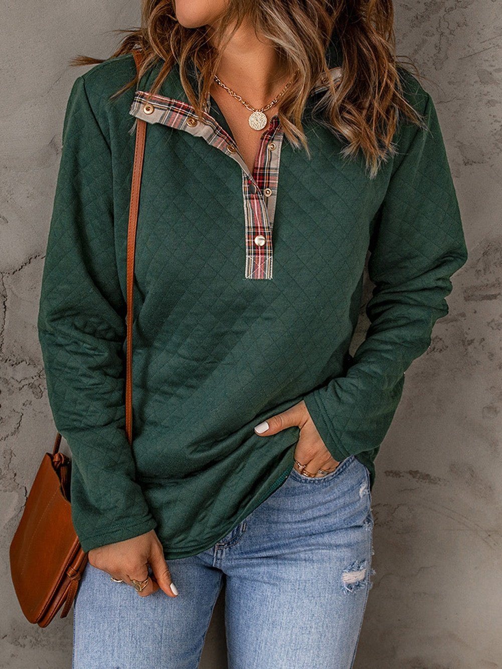 Green Plaid Trim Sweatshirt with Geometric Texture