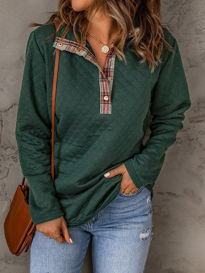 Green Plaid Trim Sweatshirt with Geometric Texture