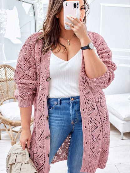 Pink Open Knit Button-Up Cardigan for Plus Size Women