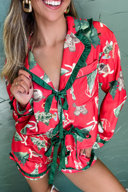 Red Christmas Fashion Print Contrast Ruffle Trim Ribbon Bow Knot 2pcs Pajama Set
