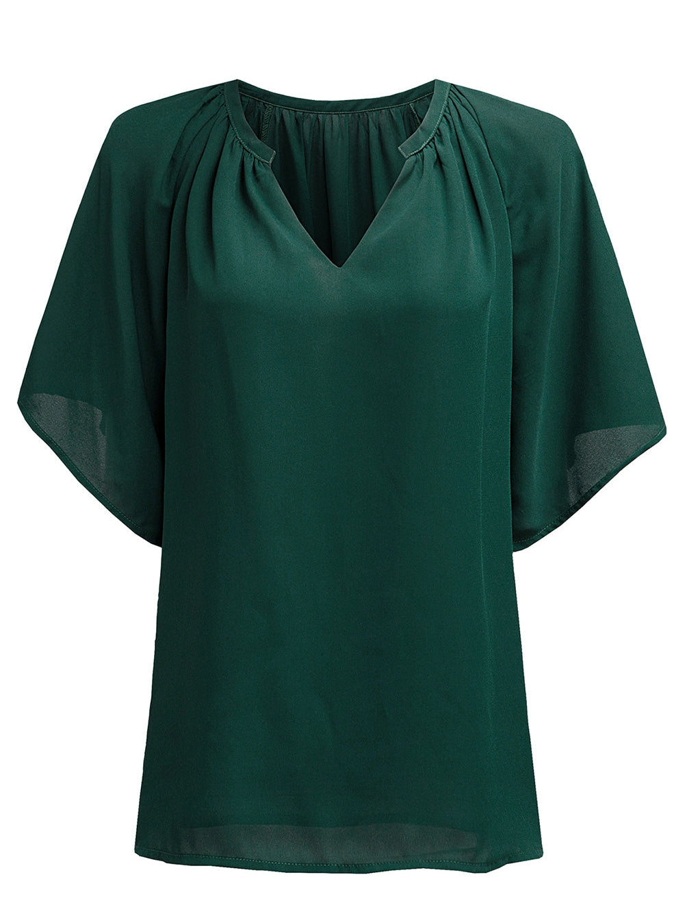 Green Split V-Neck Pleated Flutter Sleeve Blouse