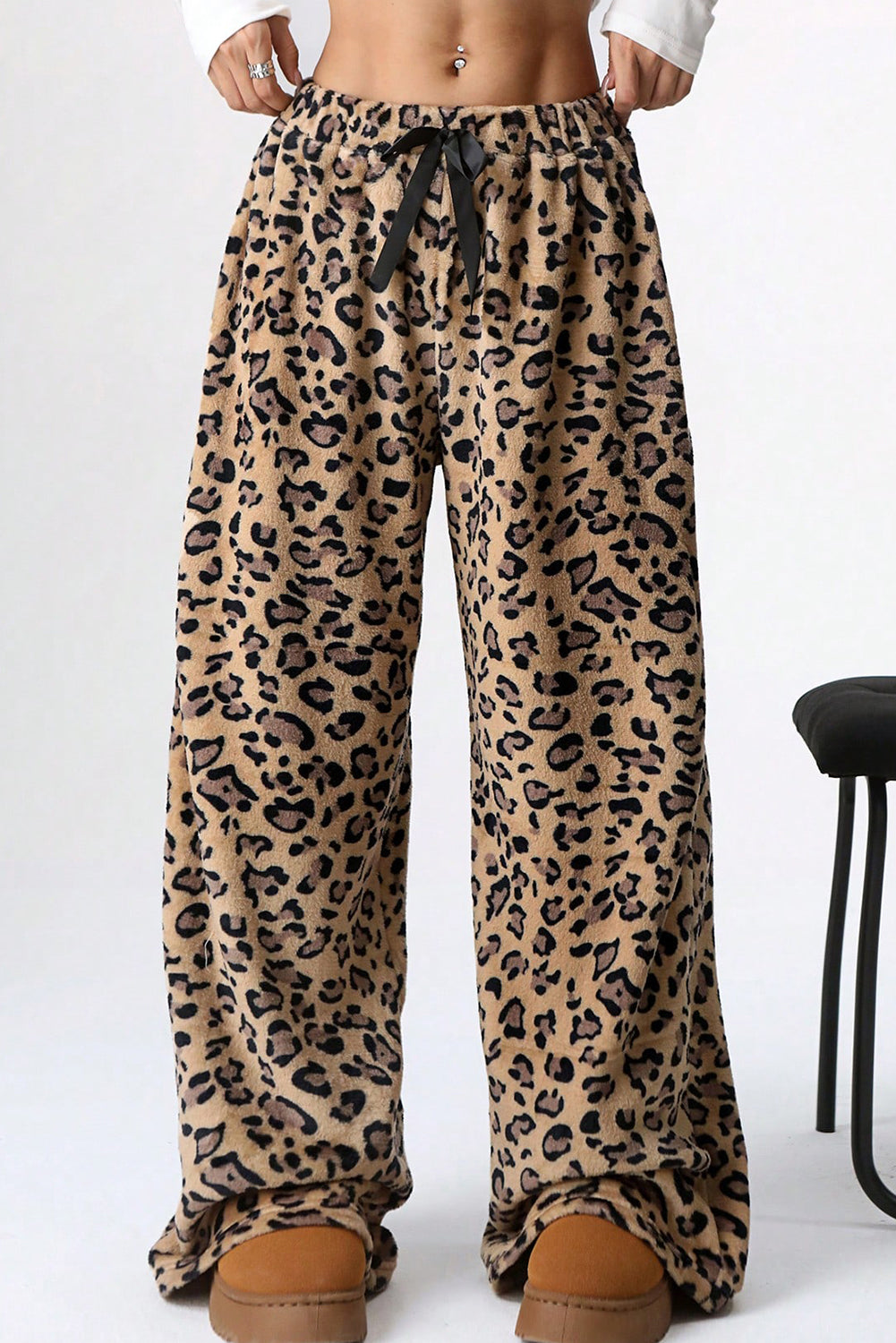 Brown Contrast Ribbon Bow Decor Leopard Print Plush Wide Leg Pants
