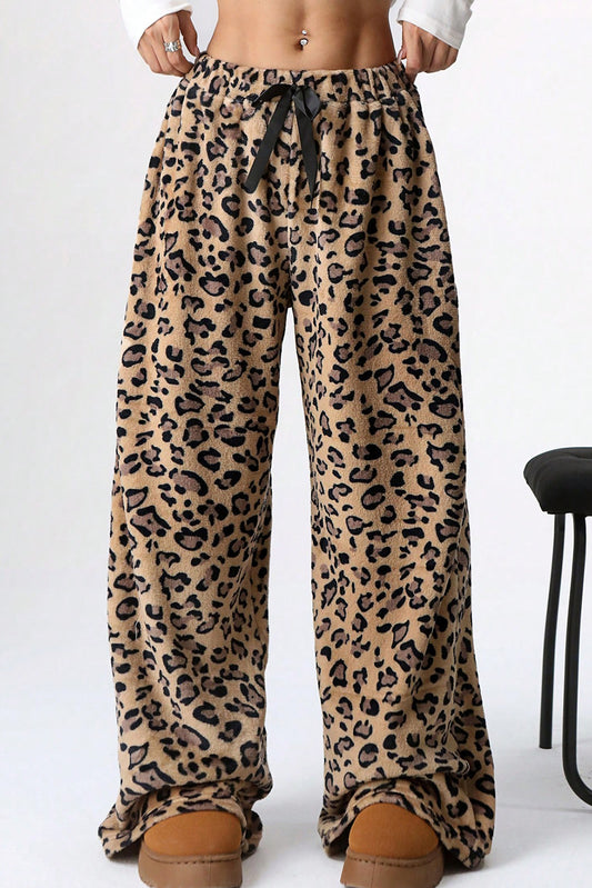 Brown Contrast Ribbon Bow Decor Leopard Print Plush Wide Leg Pants