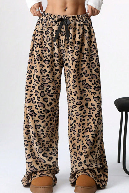 Brown Contrast Ribbon Bow Decor Leopard Print Plush Wide Leg Pants