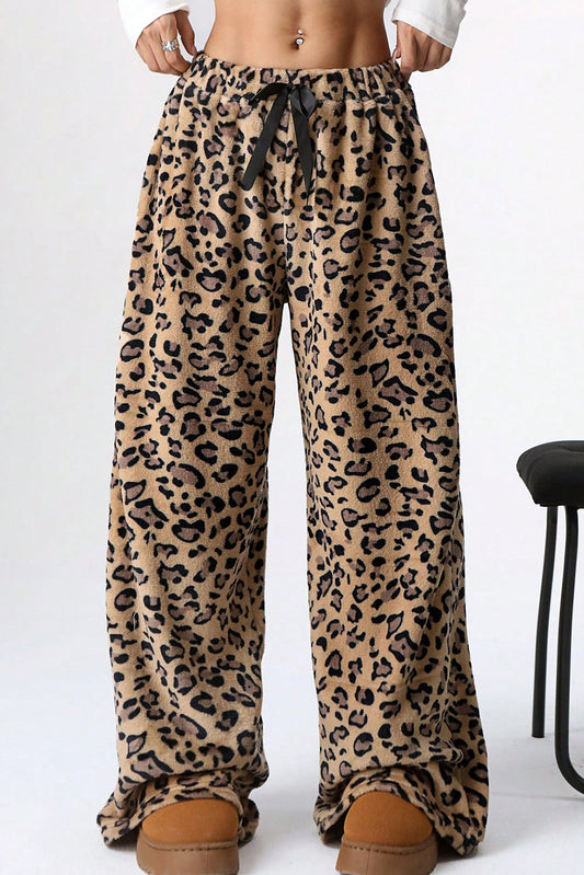 Brown Contrast Ribbon Bow Decor Leopard Print Plush Wide Leg Pants