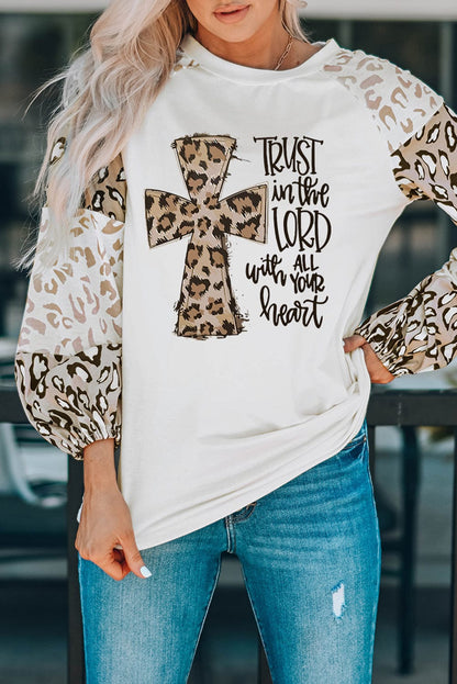 Faithful Leopard Cross Sleeve Graphic Tee with Beige Bishop Sleeve