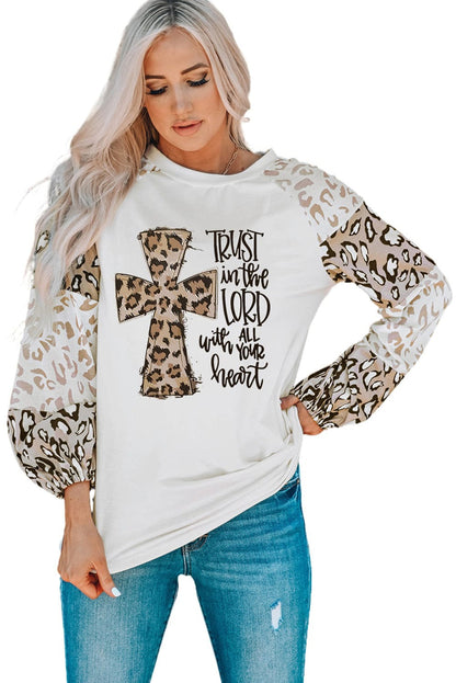Faithful Leopard Cross Sleeve Graphic Tee with Beige Bishop Sleeve
