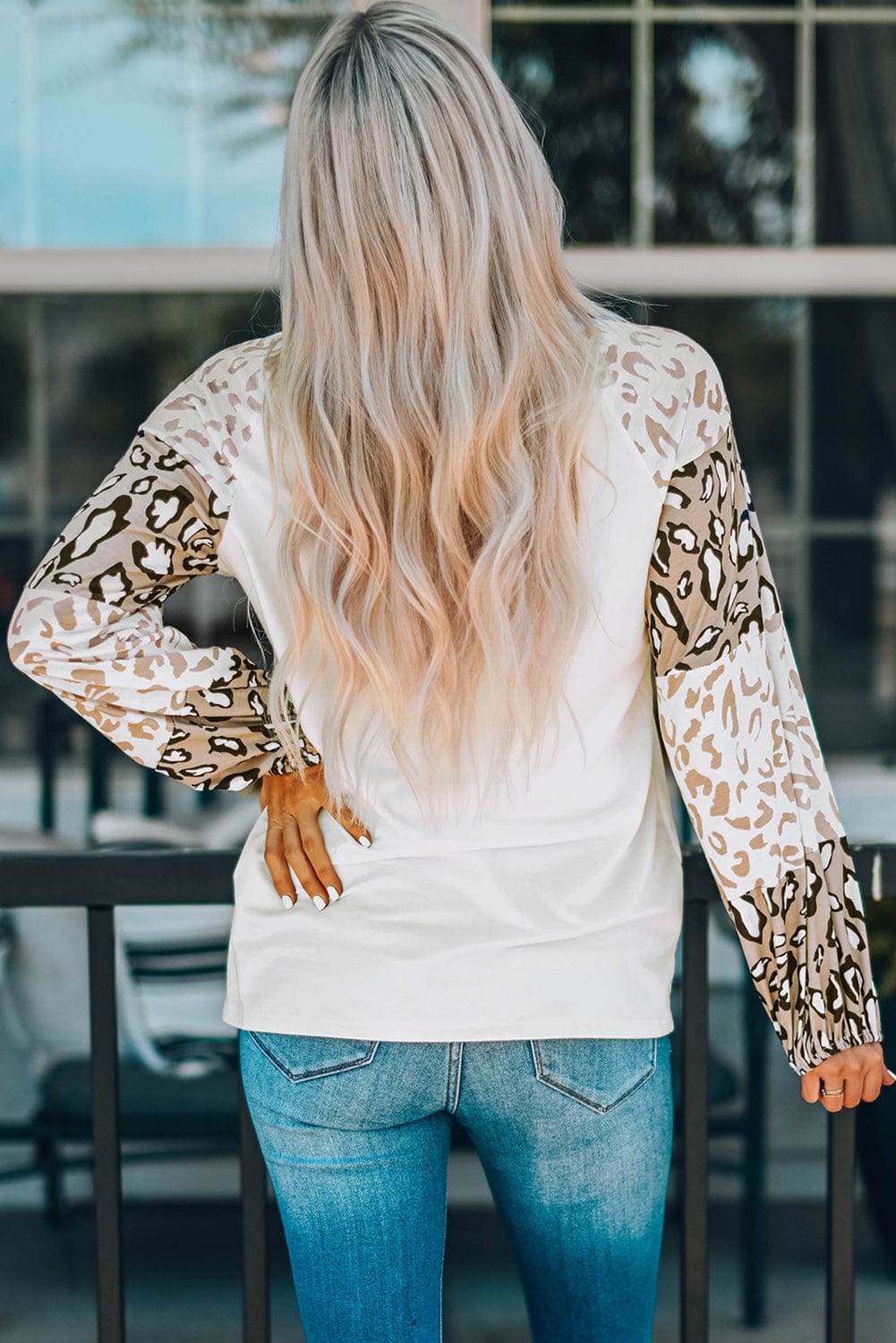 Faithful Leopard Cross Sleeve Graphic Tee with Beige Bishop Sleeve