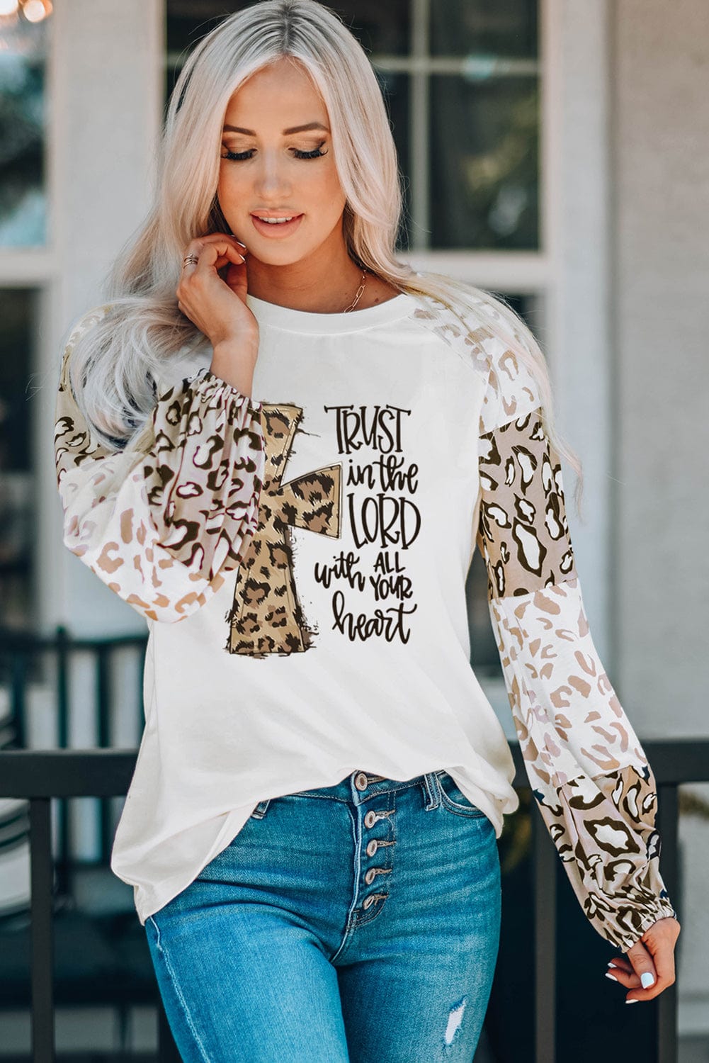 Faithful Leopard Cross Sleeve Graphic Tee with Beige Bishop Sleeve