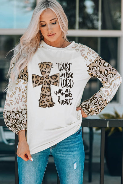 Faithful Leopard Cross Sleeve Graphic Tee with Beige Bishop Sleeve