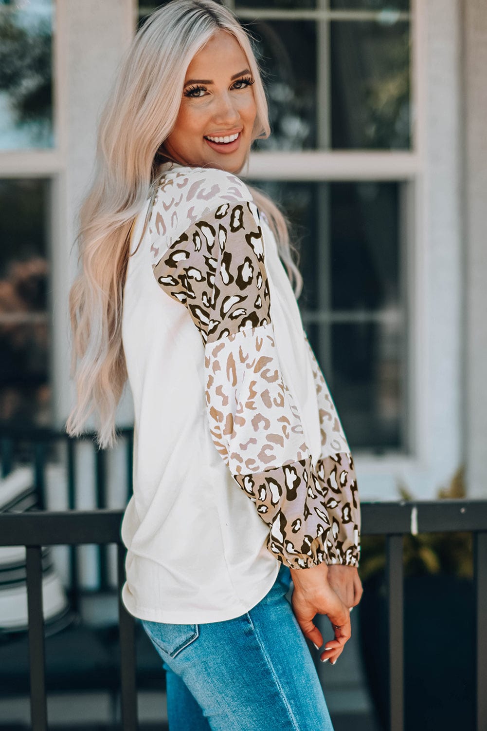 Faithful Leopard Cross Sleeve Graphic Tee with Beige Bishop Sleeve