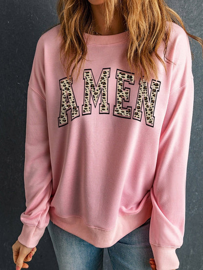 Faithful Prayers Pink Leopard AMEN Graphic Crewneck Sweatshirt
