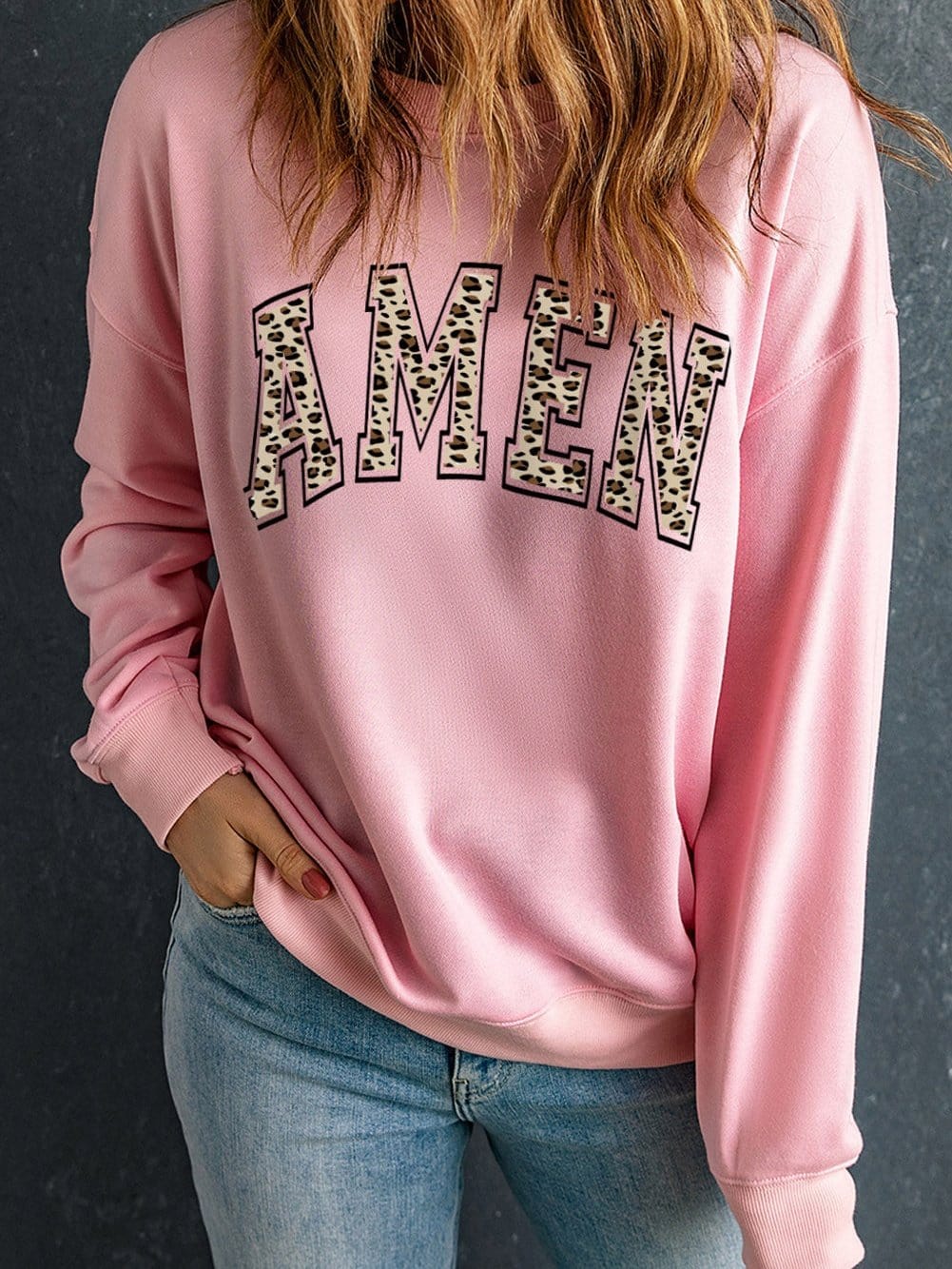 Faithful Prayers Pink Leopard AMEN Graphic Crewneck Sweatshirt