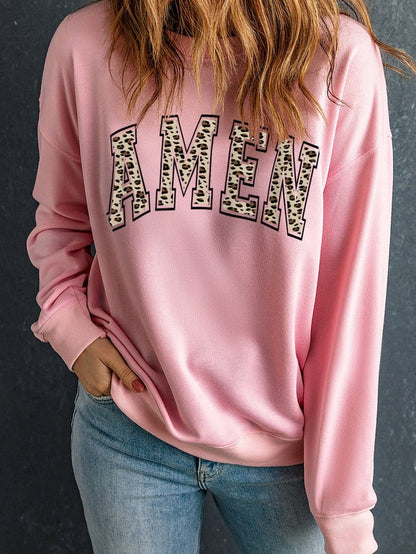 Faithful Prayers Pink Leopard AMEN Graphic Crewneck Sweatshirt